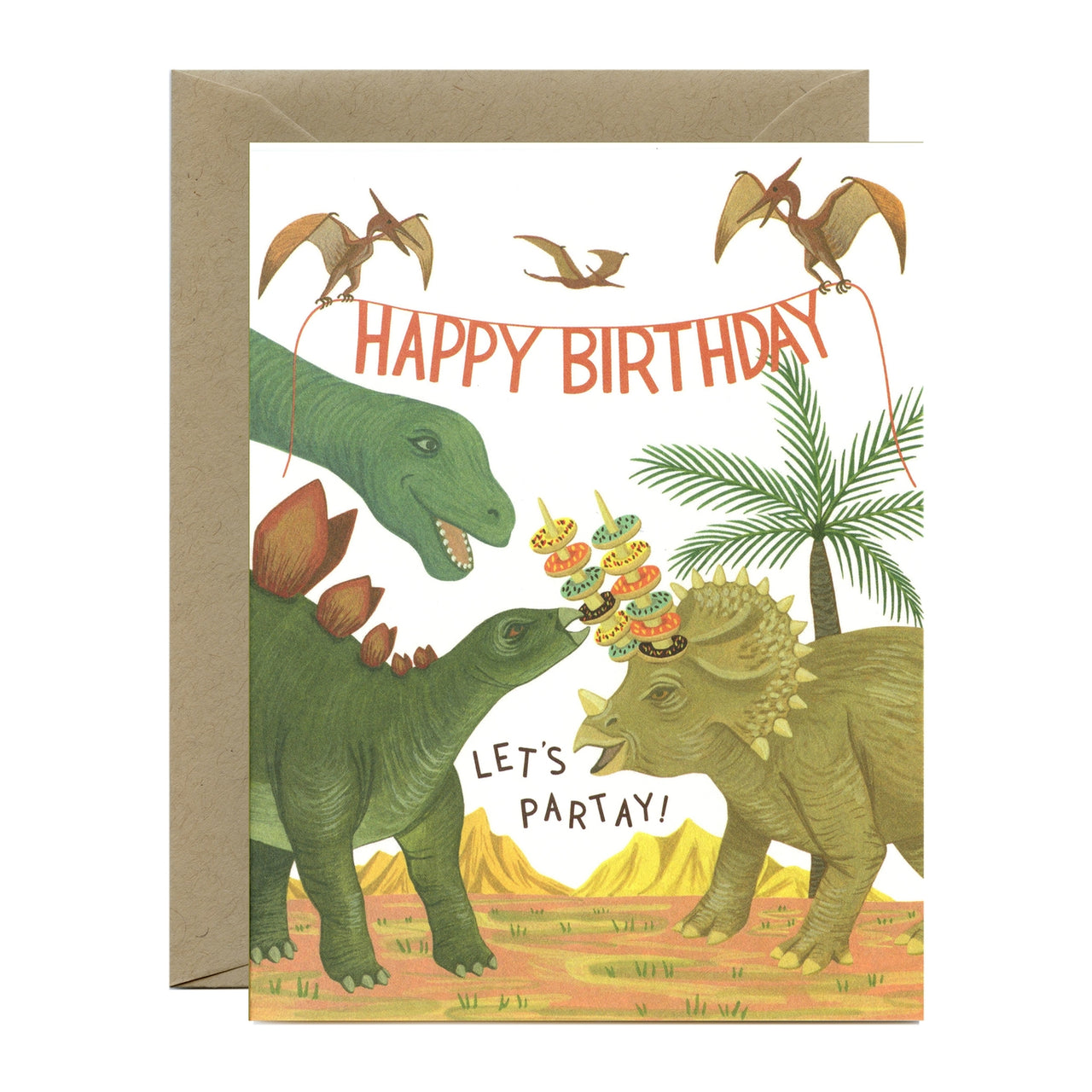 Brontosaurus, Stegosaurus, Triceratops Dinosaur Donut Party Birthday Card